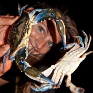 Martina Hirschmeier mit einem frisch gefangenen blauen Taschenkrebs.